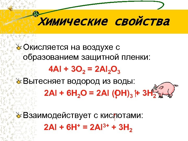 Химические свойства Окисляется на воздухе с образованием защитной пленки: 4 Al + 3 O