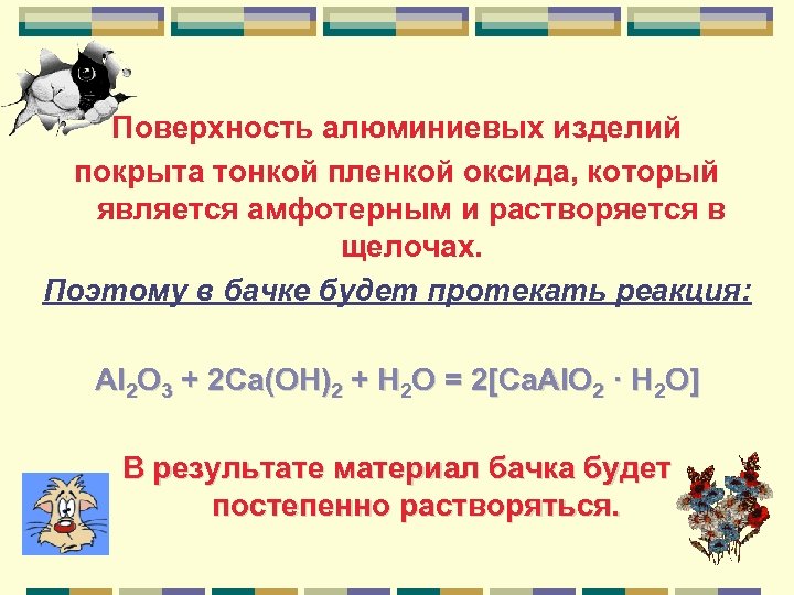 Поверхность алюминиевых изделий покрыта тонкой пленкой оксида, который является амфотерным и растворяется в щелочах.