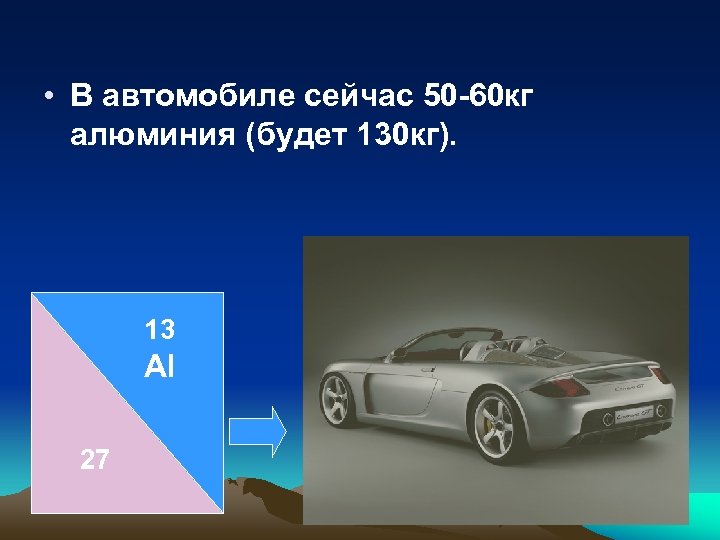  • В автомобиле сейчас 50 -60 кг алюминия (будет 130 кг). 13 Al