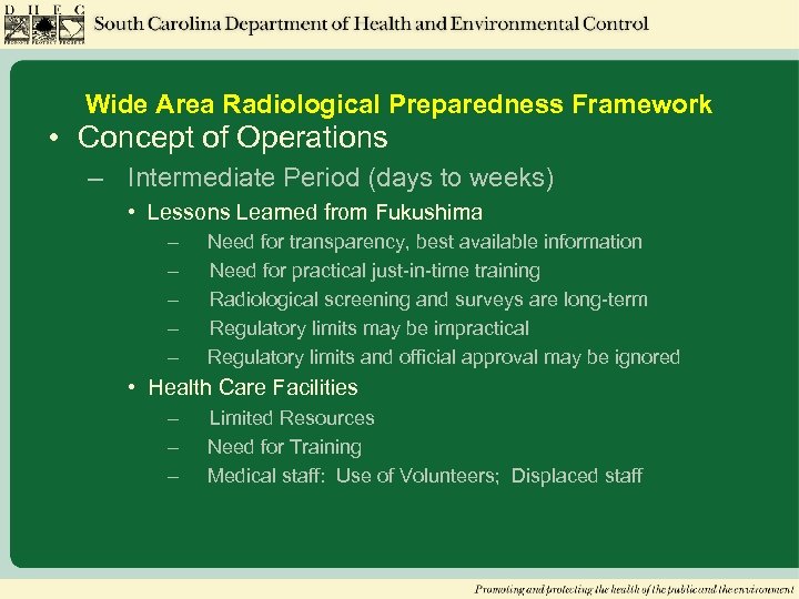 Wide Area Radiological Preparedness Framework • Concept of Operations – Intermediate Period (days to