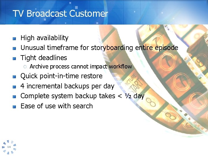 TV Broadcast Customer High availability Unusual timeframe for storyboarding entire episode Tight deadlines Archive