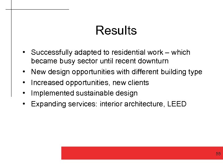 Results • Successfully adapted to residential work – which became busy sector until recent