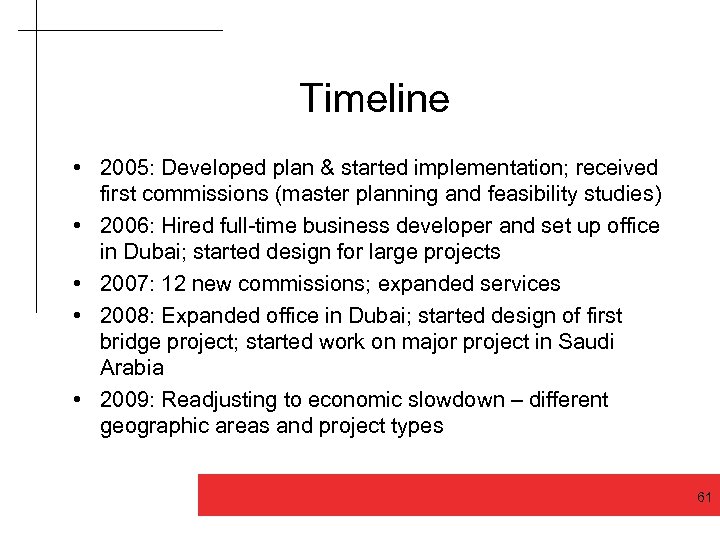 Timeline • 2005: Developed plan & started implementation; received first commissions (master planning and