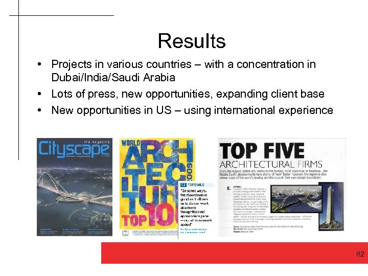 Results • Projects in various countries – with a concentration in Dubai/India/Saudi Arabia •