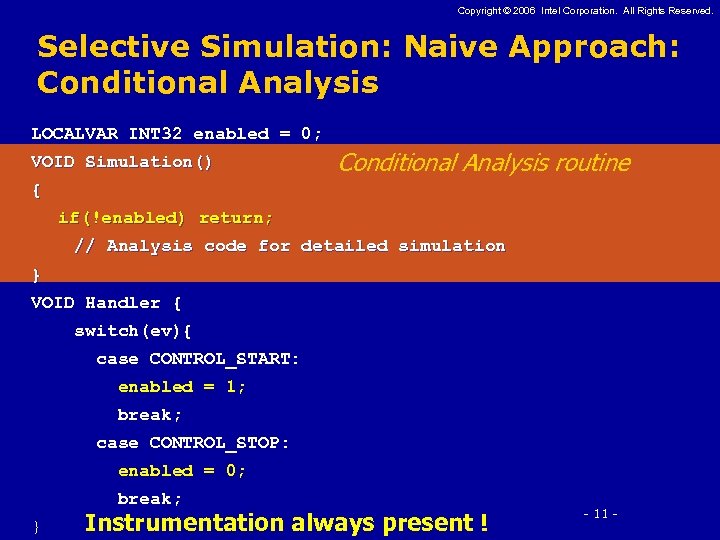 Copyright © 2006 Intel Corporation. All Rights Reserved. Selective Simulation: Naive Approach: Conditional Analysis