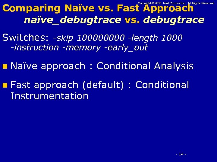 Copyright © 2006 Intel Corporation. All Rights Reserved. Comparing Naïve vs. Fast Approach naïve_debugtrace