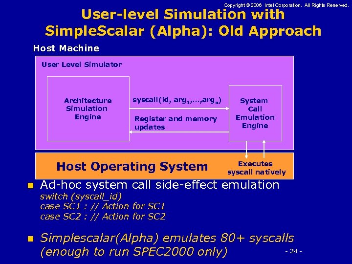 Copyright © 2006 Intel Corporation. All Rights Reserved. User-level Simulation with Simple. Scalar (Alpha):