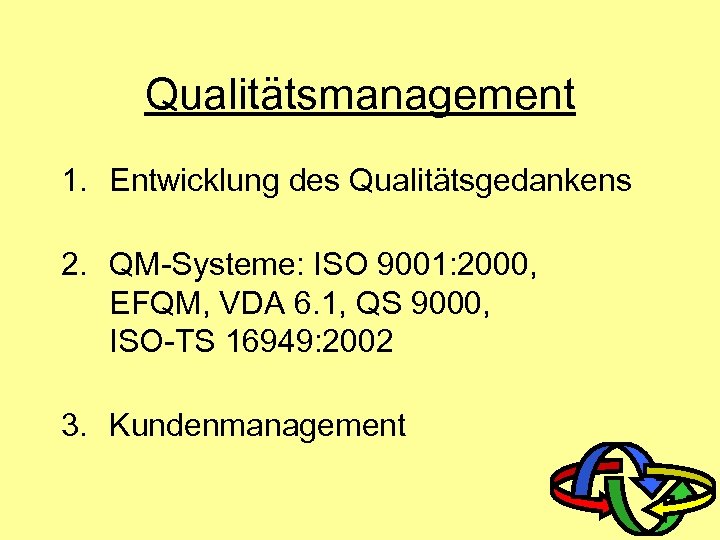 Qualitätsmanagement 1. Entwicklung des Qualitätsgedankens 2. QM-Systeme: ISO 9001: 2000, EFQM, VDA 6. 1,