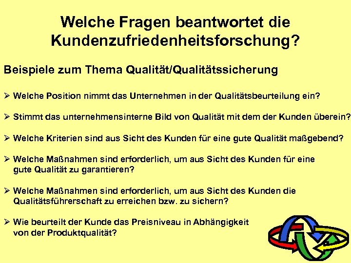 Welche Fragen beantwortet die Kundenzufriedenheitsforschung? Beispiele zum Thema Qualität/Qualitätssicherung Ø Welche Position nimmt das