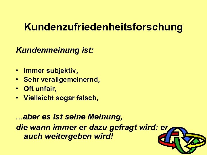 Kundenzufriedenheitsforschung Kundenmeinung ist: • • Immer subjektiv, Sehr verallgemeinernd, Oft unfair, Vielleicht sogar falsch,