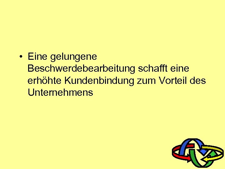  • Eine gelungene Beschwerdebearbeitung schafft eine erhöhte Kundenbindung zum Vorteil des Unternehmens 