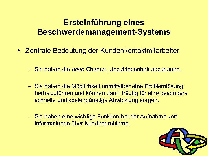 Ersteinführung eines Beschwerdemanagement-Systems • Zentrale Bedeutung der Kundenkontaktmitarbeiter: – Sie haben die erste Chance,