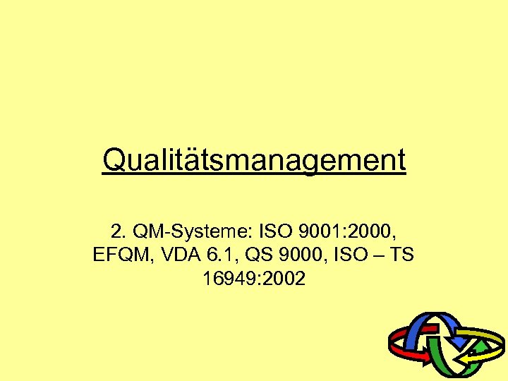 Qualitätsmanagement 2. QM-Systeme: ISO 9001: 2000, EFQM, VDA 6. 1, QS 9000, ISO –