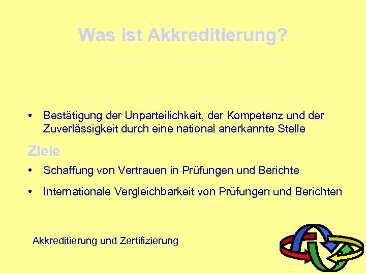 Was ist Akkreditierung? • Bestätigung der Unparteilichkeit, der Kompetenz und der Zuverlässigkeit durch eine