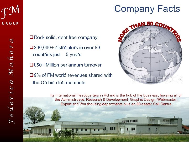 Company Facts FM Federico Mahora GROUP q. Rock solid, debt free company q 300,