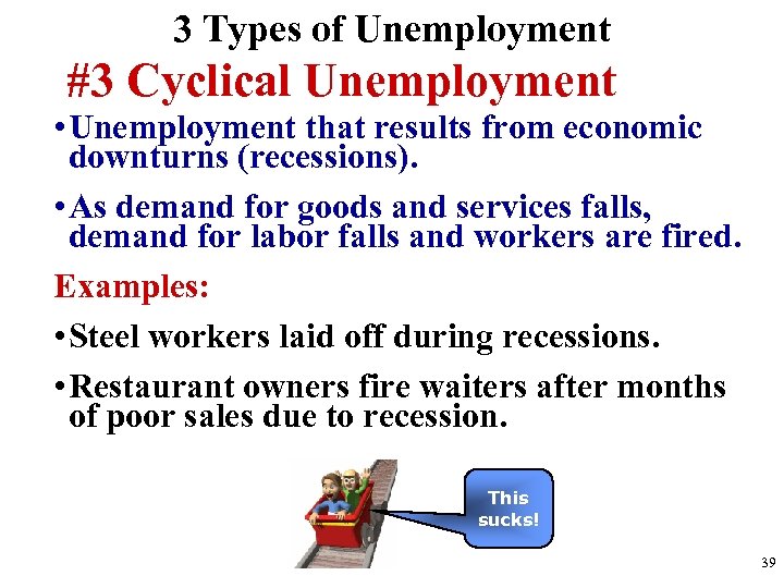 3 Types of Unemployment #3 Cyclical Unemployment • Unemployment that results from economic downturns
