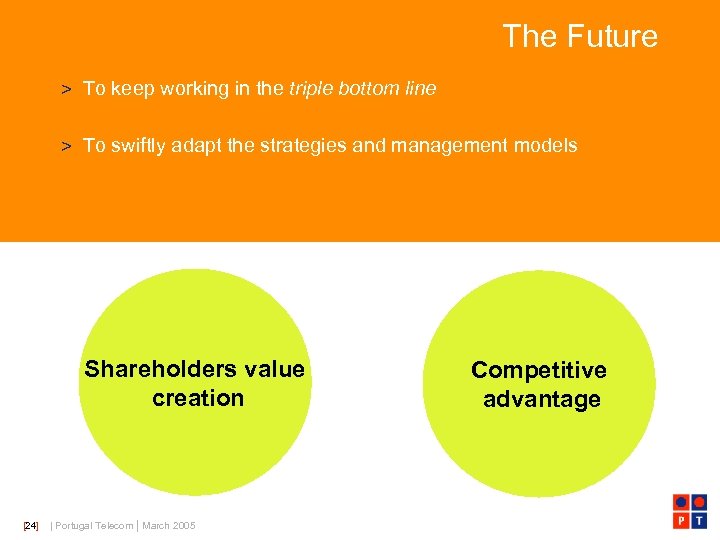 The Future > To keep working in the triple bottom line > To swiftly