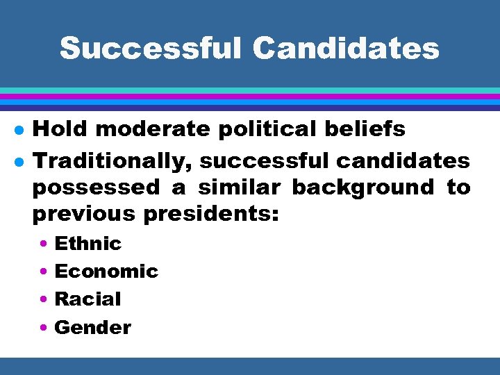 Successful Candidates l l Hold moderate political beliefs Traditionally, successful candidates possessed a similar