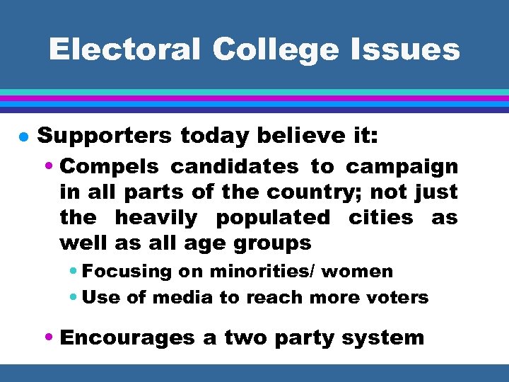 Electoral College Issues l Supporters today believe it: • Compels candidates to campaign in