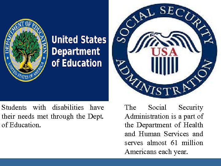 Students with disabilities have their needs met through the Dept. of Education. The Social