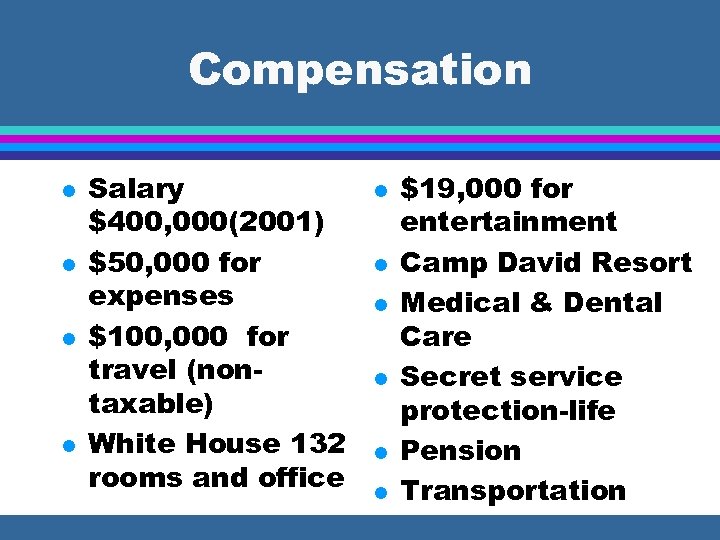 Compensation l l Salary $400, 000(2001) $50, 000 for expenses $100, 000 for travel
