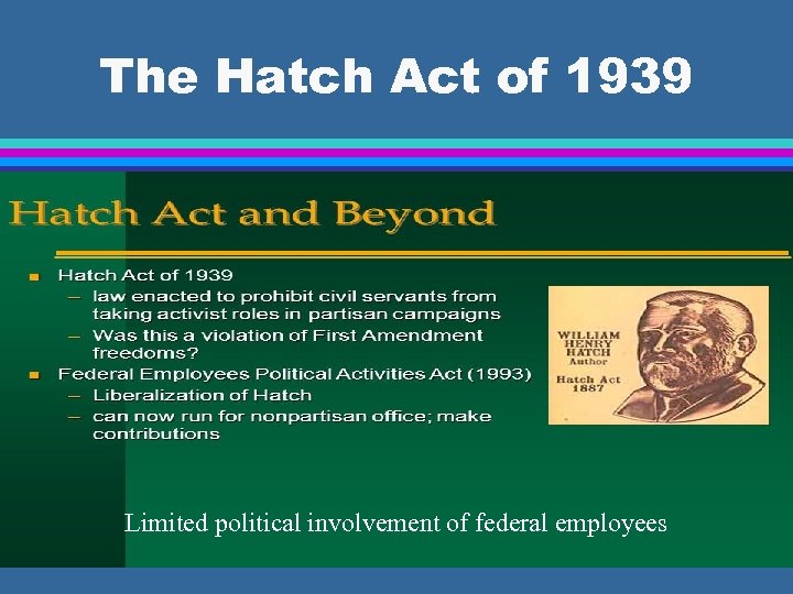 The Hatch Act of 1939 Limited political involvement of federal employees 