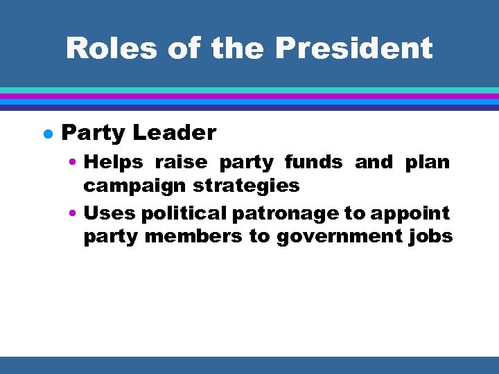 Roles of the President l Party Leader • Helps raise party funds and plan