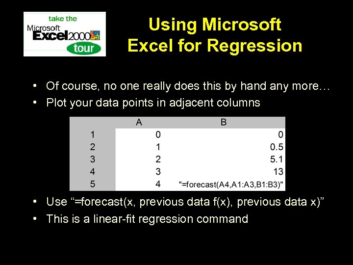 Using Microsoft Excel for Regression • Of course, no one really does this by