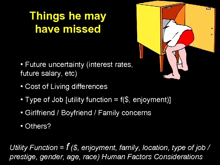 Things he may have missed • Future uncertainty (interest rates, future salary, etc) •