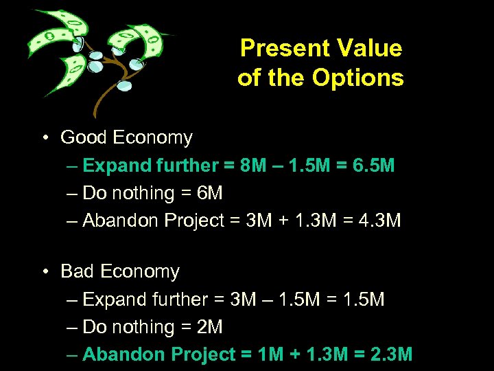 Present Value of the Options • Good Economy – Expand further = 8 M