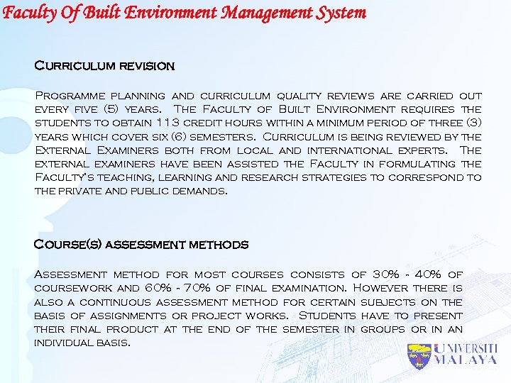 Faculty Of Built Environment Management System Curriculum revision Programme planning and curriculum quality reviews