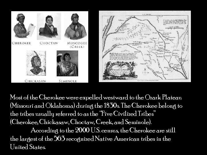 Most of the Cherokee were expelled westward to the Ozark Plateau (Missouri and Oklahoma)