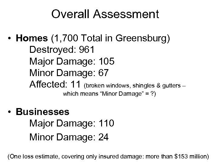 Overall Assessment • Homes (1, 700 Total in Greensburg) Destroyed: 961 Major Damage: 105