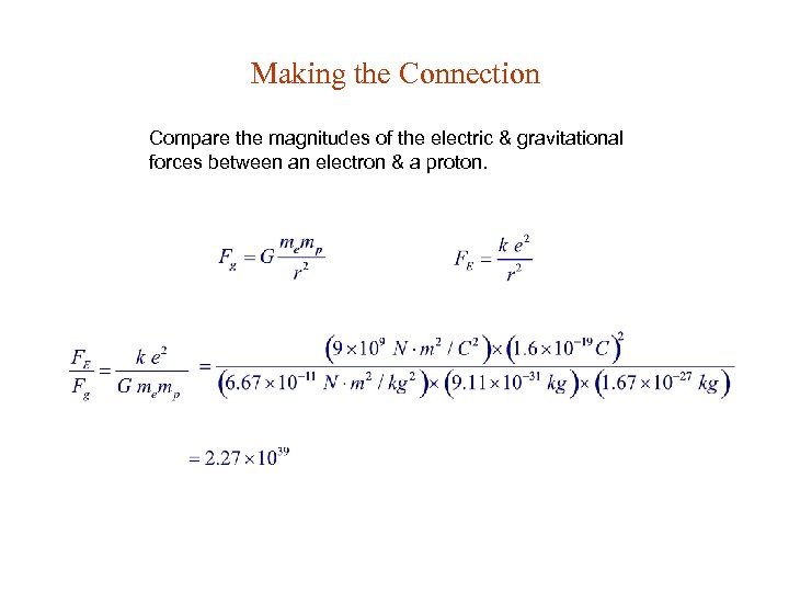 Making the Connection Compare the magnitudes of the electric & gravitational forces between an