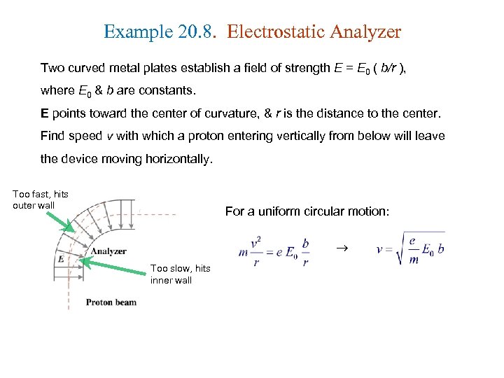 Example 20. 8. Electrostatic Analyzer Two curved metal plates establish a field of strength