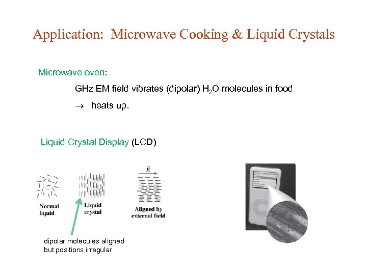 Application: Microwave Cooking & Liquid Crystals Microwave oven: GHz EM field vibrates (dipolar) H