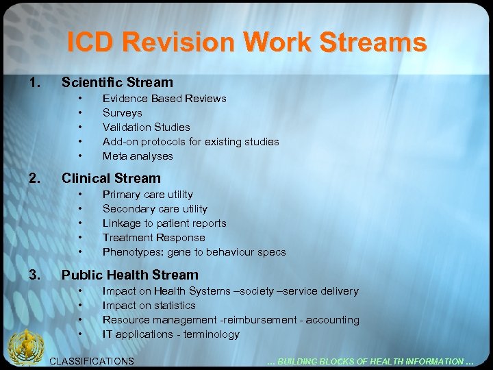 ICD Revision Work Streams 1. Scientific Stream • • • 2. Clinical Stream •