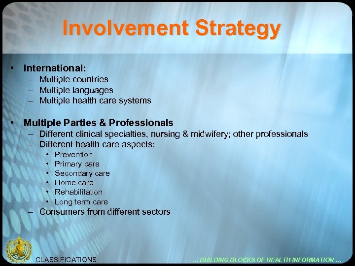 Involvement Strategy • International: – Multiple countries – Multiple languages – Multiple health care
