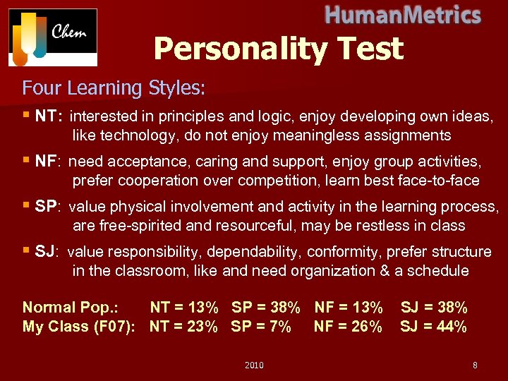 Personality Test Four Learning Styles: § NT: interested in principles and logic, enjoy developing