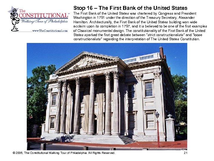 Stop 16 – The First Bank of the United States was chartered by Congress