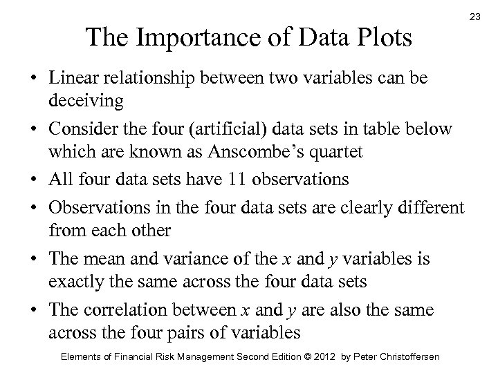 The Importance of Data Plots • Linear relationship between two variables can be deceiving