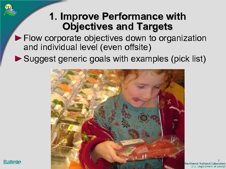 1. Improve Performance with Objectives and Targets Flow corporate objectives down to organization and