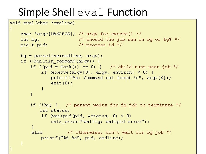 Simple Shell eval Function void eval(char *cmdline) { char *argv[MAXARGS]; /* argv for execve()