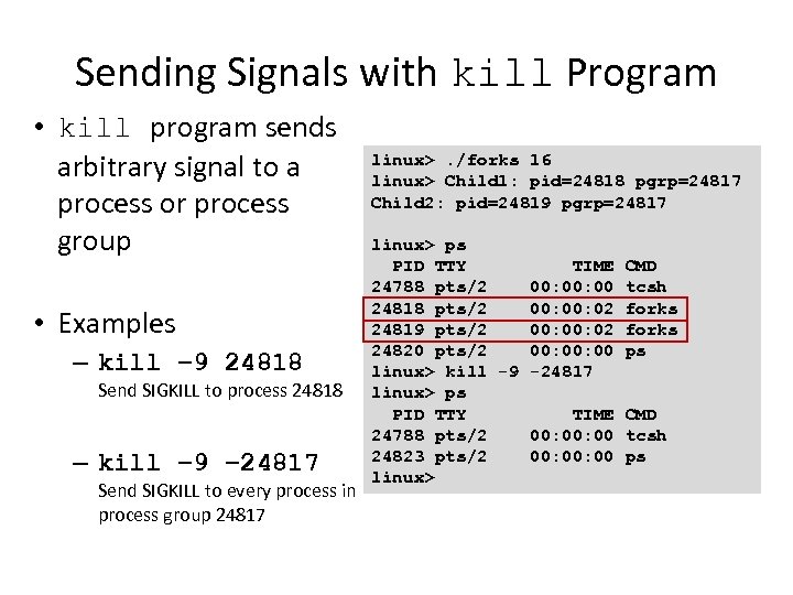Sending Signals with kill Program • kill program sends arbitrary signal to a process
