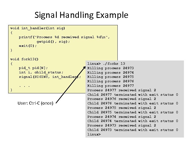 Signal Handling Example void int_handler(int sig) { printf(