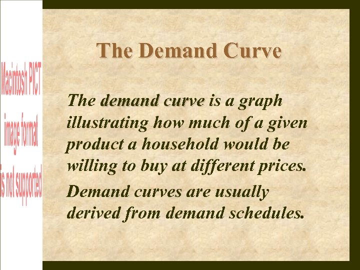 The Demand Curve The demand curve is a graph illustrating how much of a