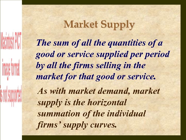 Market Supply The sum of all the quantities of a good or service supplied
