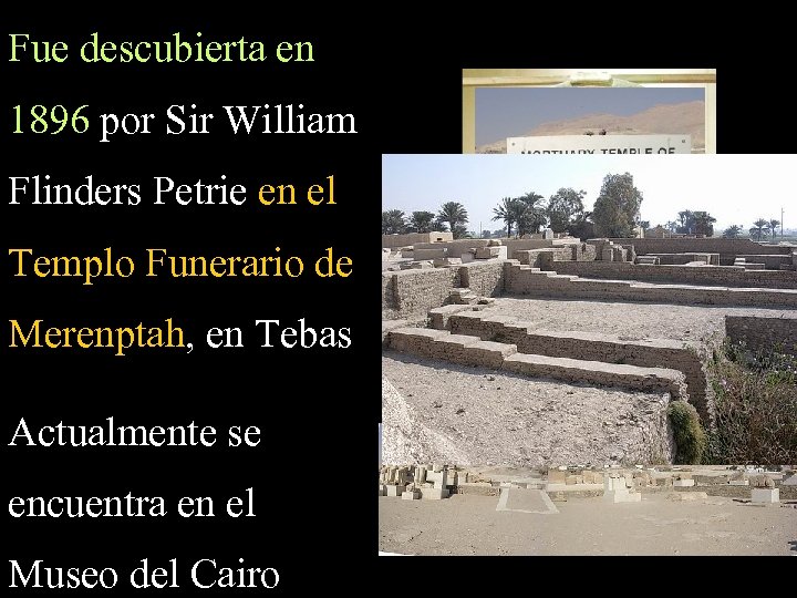 Fue descubierta en 1896 por Sir William Flinders Petrie en el Templo Funerario de