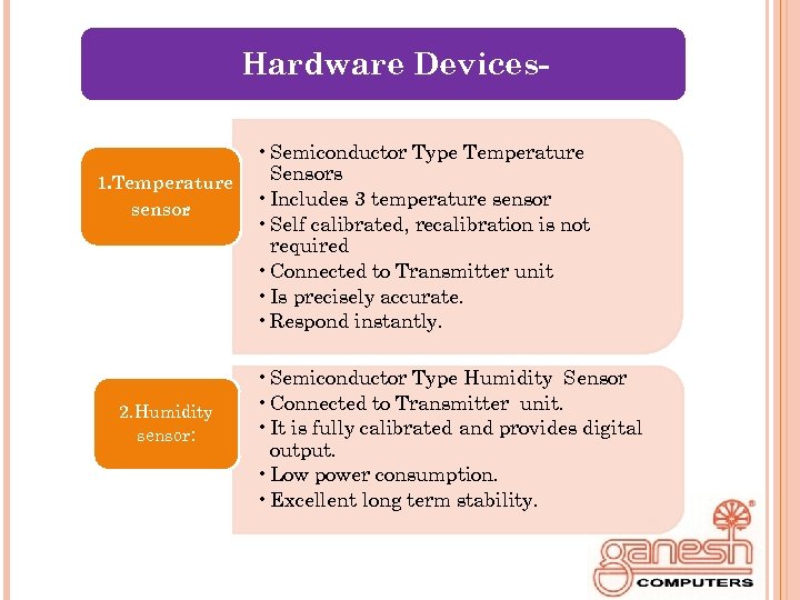 Hardware Devices- 1. Temperature sensor : 2. Humidity sensor: • Semiconductor Type Temperature Sensors