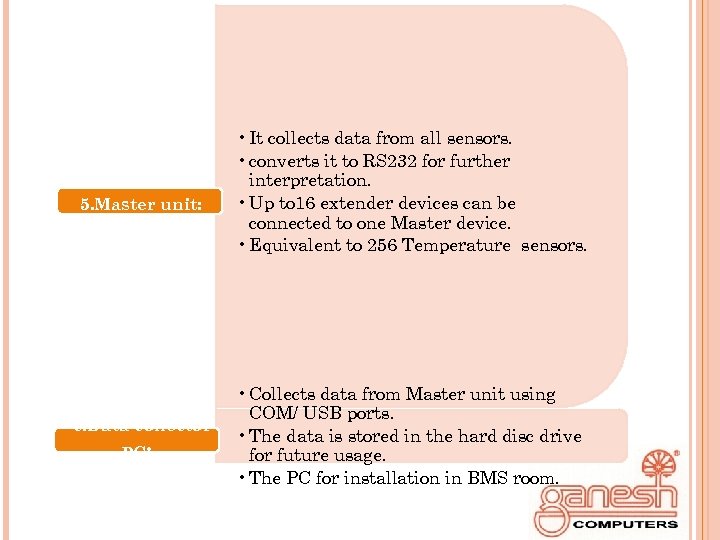 5. Master unit: 6. Data collector PC: • It collects data from all sensors.